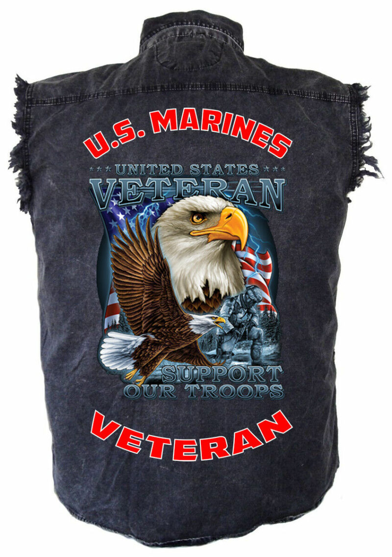 Marines Military Support Troops Acid Washed Denim Biker Shirt Mens Patriotic
