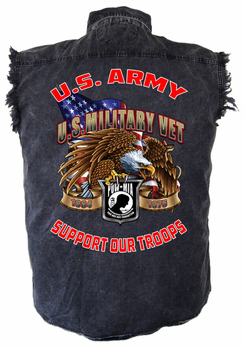 Mens Patriotic Army Military Veteran Eagle Acid Washed Denim Cutoff Biker Shirt