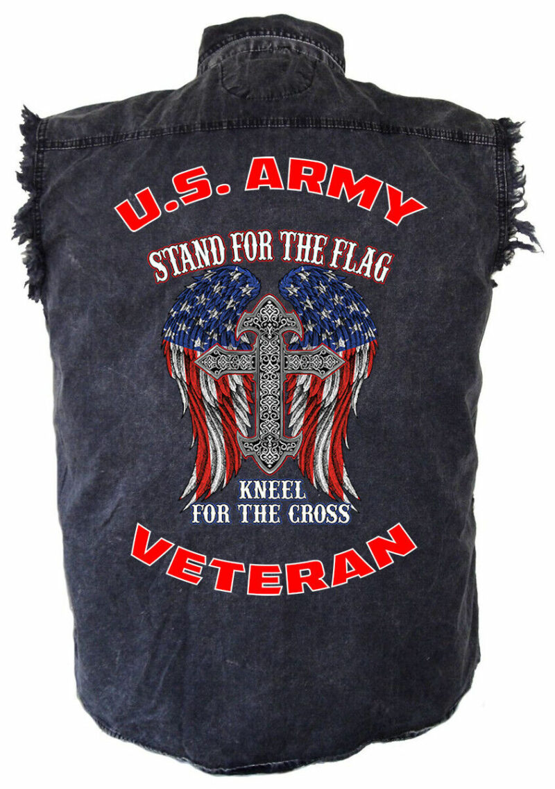 Mens Patriotic Army Vet Military Stand For Flag Acid Washed Denim Biker Shirt