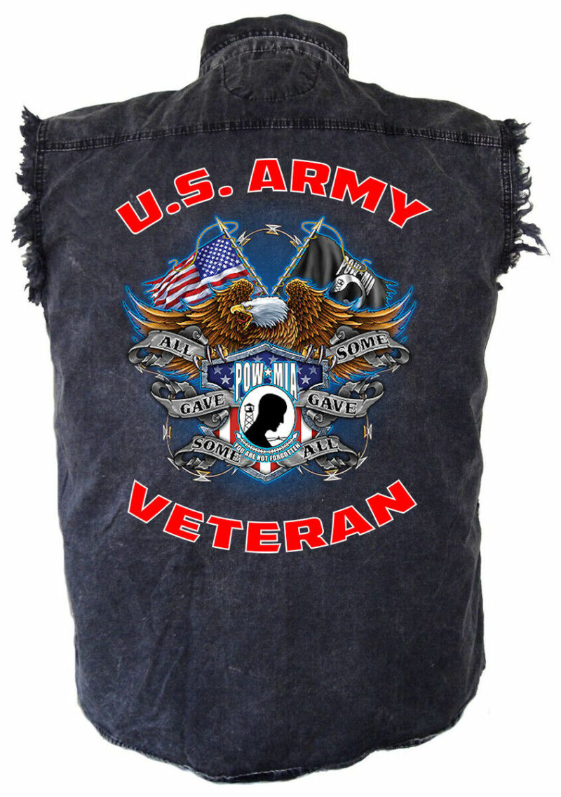Mens Patriotic Army Vet Military POW-MIA Acid Washed Denim Biker Shirt