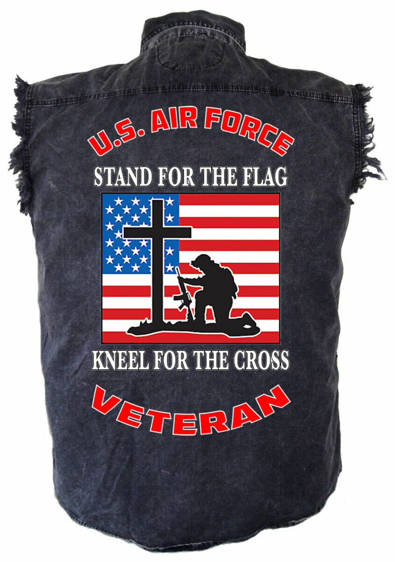 Mens Patriotic Air Force Military Kneel For Cross Acid Washed Denim Biker Shirt