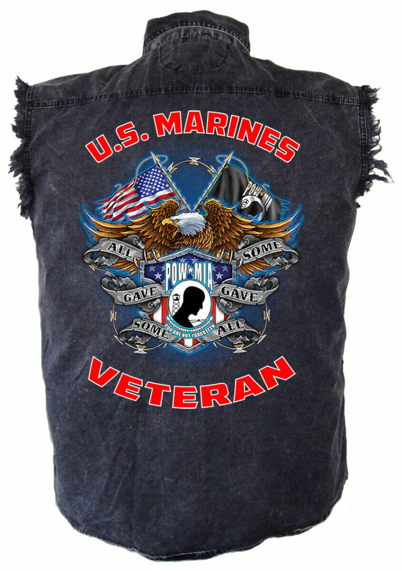 Mens Patriotic Marines Military POW-MIA Eagle Acid Washed Denim Biker Shirt