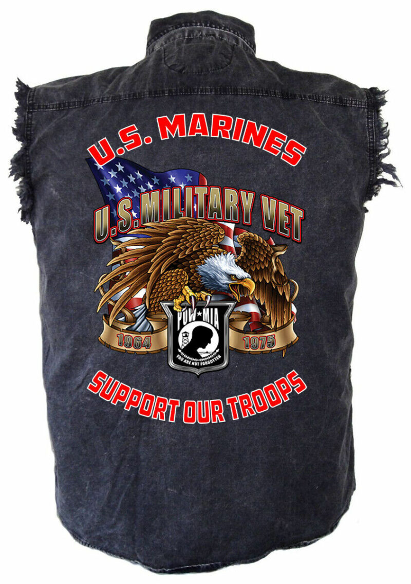 Mens Patriotic Military Marines Veteran Eagle Acid Washed Denim Biker Shirt