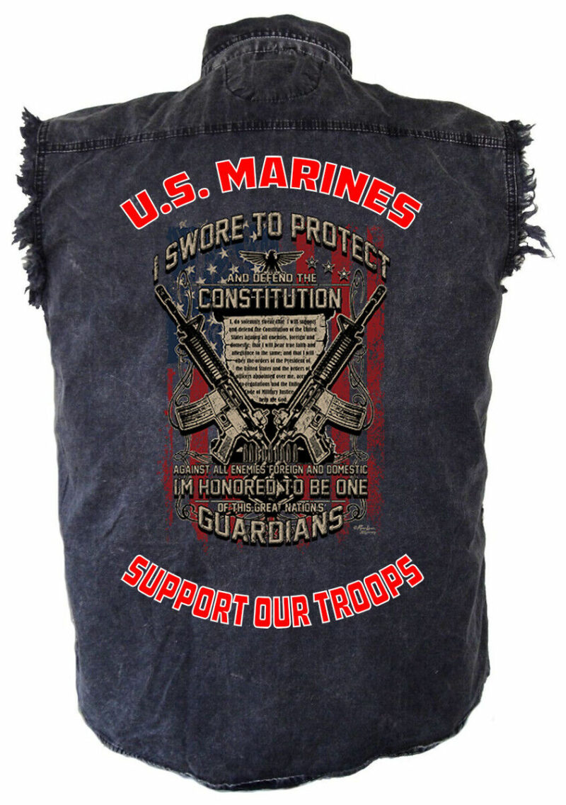 Mens Patriotic Military Marines Constitution Oath Acid Washed Denim Biker Shirt