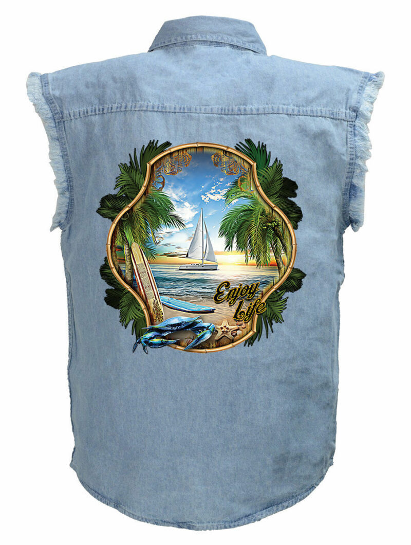Mens Enjoy Life Sailboat At Beach Blue Denim Sleeveless Cutoff Biker Shirt