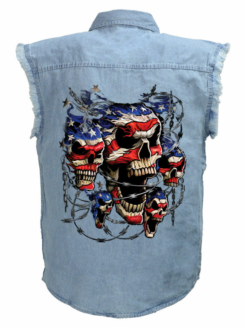 Mens Patriotic Screaming Skulls Blue Denim Sleeveless Cutoff Biker Shirt