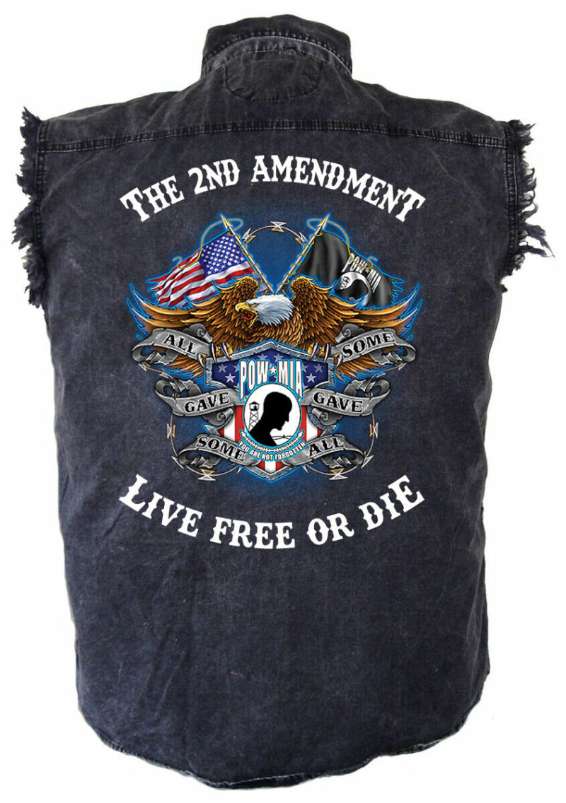 Mens 2nd Amendment POW-MIA Eagle Acid Washed Denim Cutoff Biker Shirt