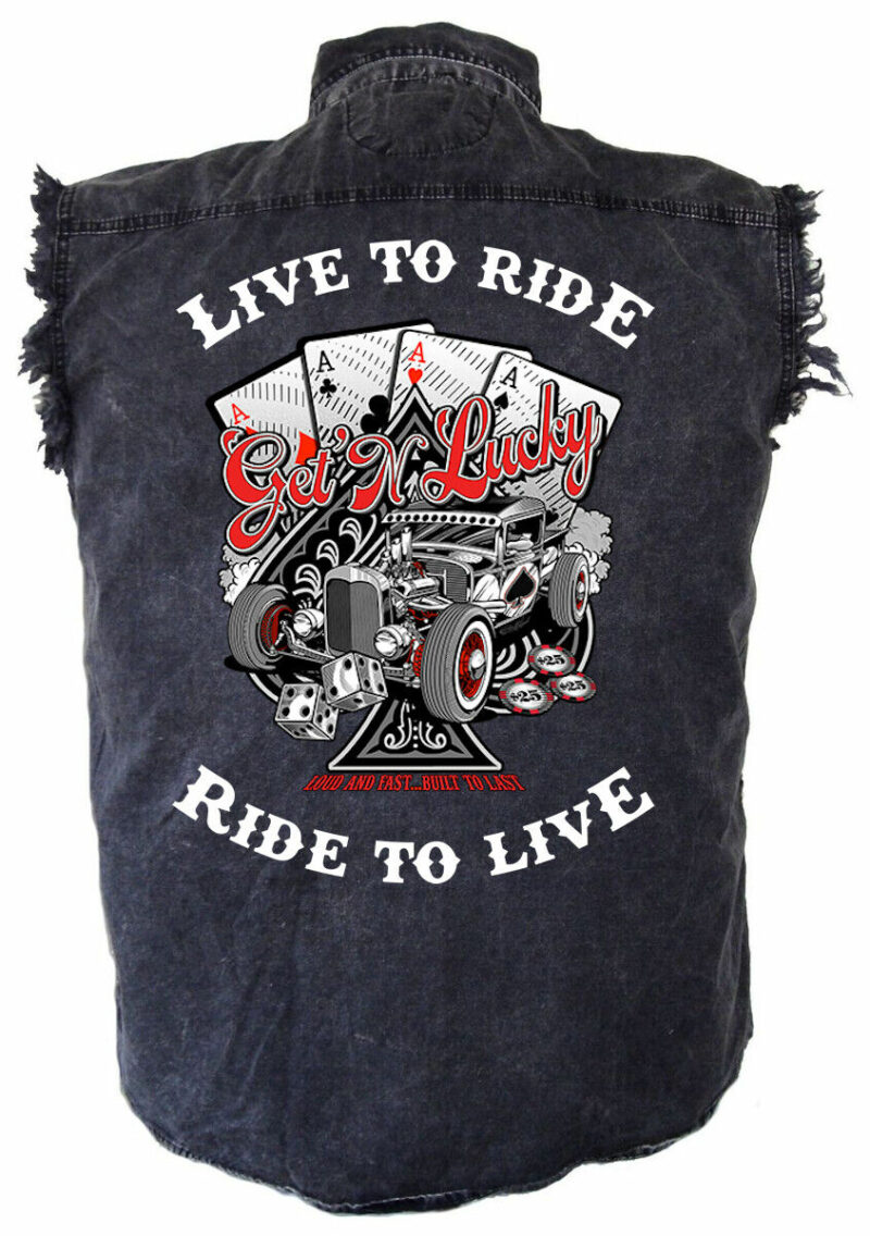 Mens Hot Rod Aces Poker Gambling Acid Washed Denim Cutoff Biker Shirt