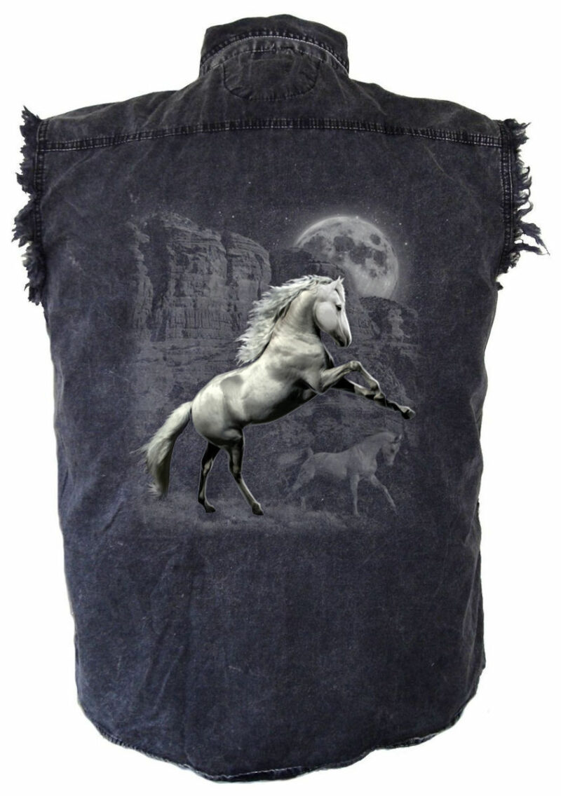 Horse Moonlight Motorcycle Denim Cutoff Biker Shirt Mens Acid Washed
