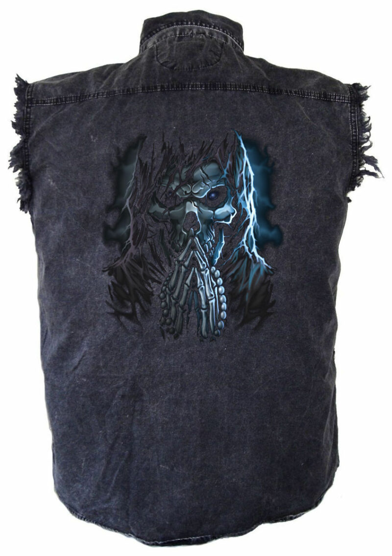 Blue Skeleton Grim Reaper Motorcycle Denim Cutoff Biker Shirt Mens Acid Washed
