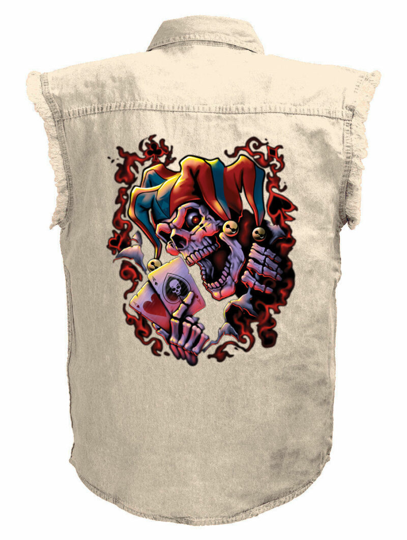 Jester Skeleton Playing Cards Motorcycle Shirt Mens Ivory Denim Sleeveless