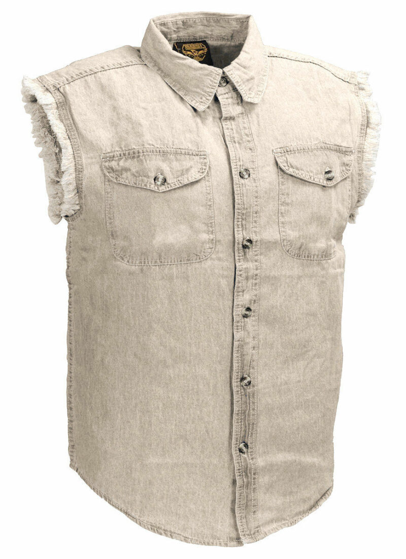 Jester Skeleton Playing Cards Motorcycle Shirt Mens Ivory Denim Sleeveless - Image 2