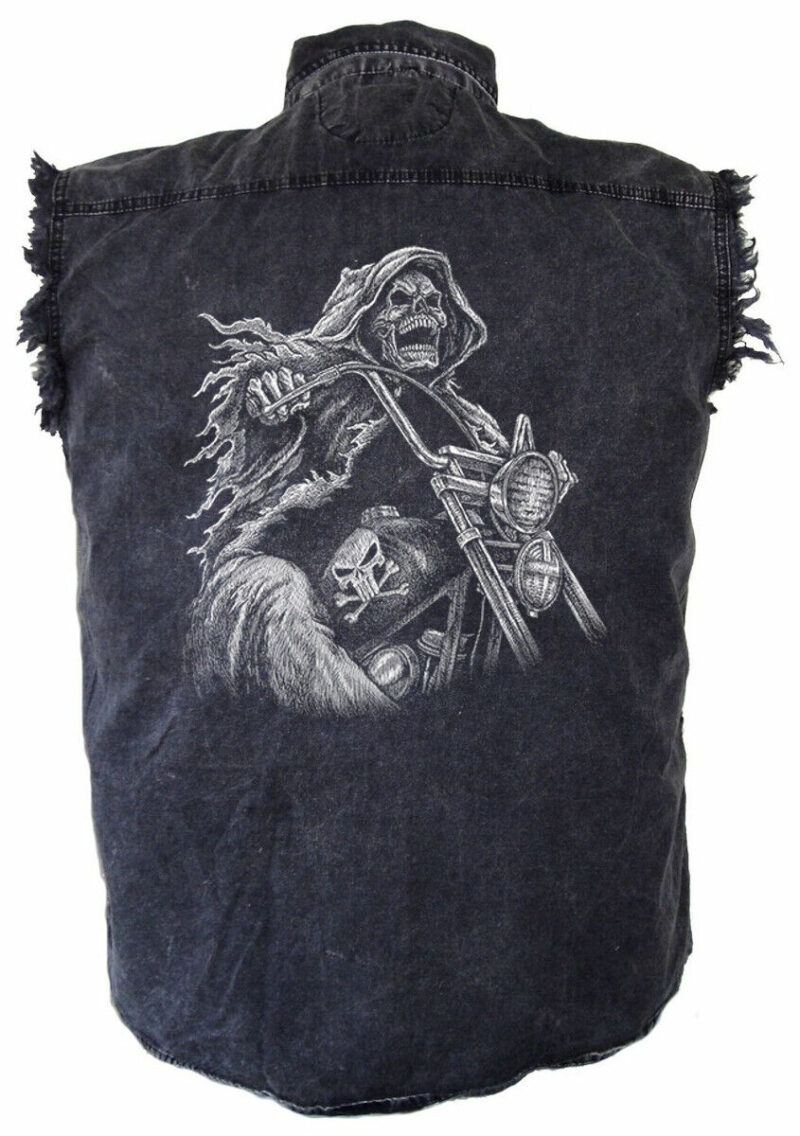 Evil Grim Reaper Riding Motorcycle Cutoff Mens Acid Washed Biker Shirt