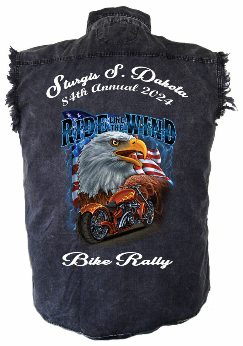 Mens Sturgis Bike Rally 2024 Ride The Wind Eagle Charcoal Denim Shirt