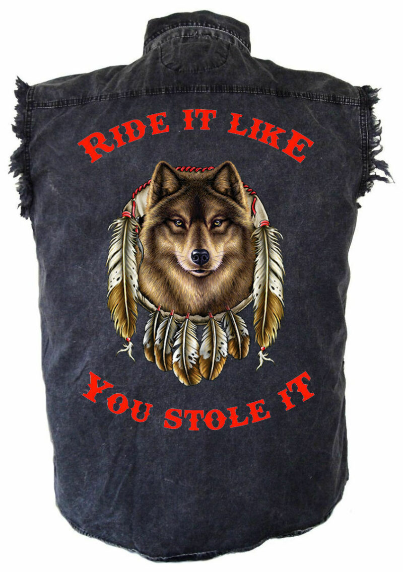 Mens Ride It Native American Wolf Dreamcatcher Acid Washed Denim Biker Shirt