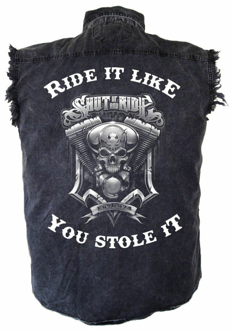 Mens Ride It White Shut Up And Ride Skull Acid Washed Denim Biker Shirt