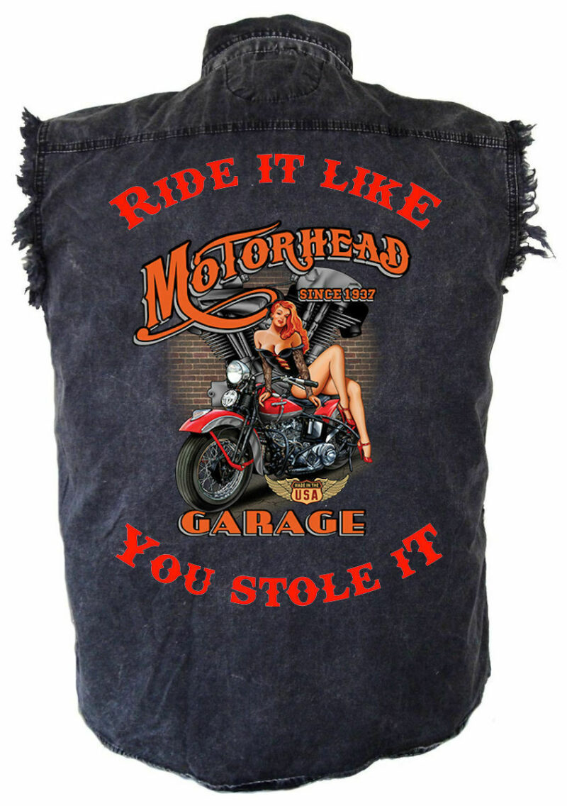Mens Ride It Motorhead Garage Babe Acid Washed Denim Biker Shirt
