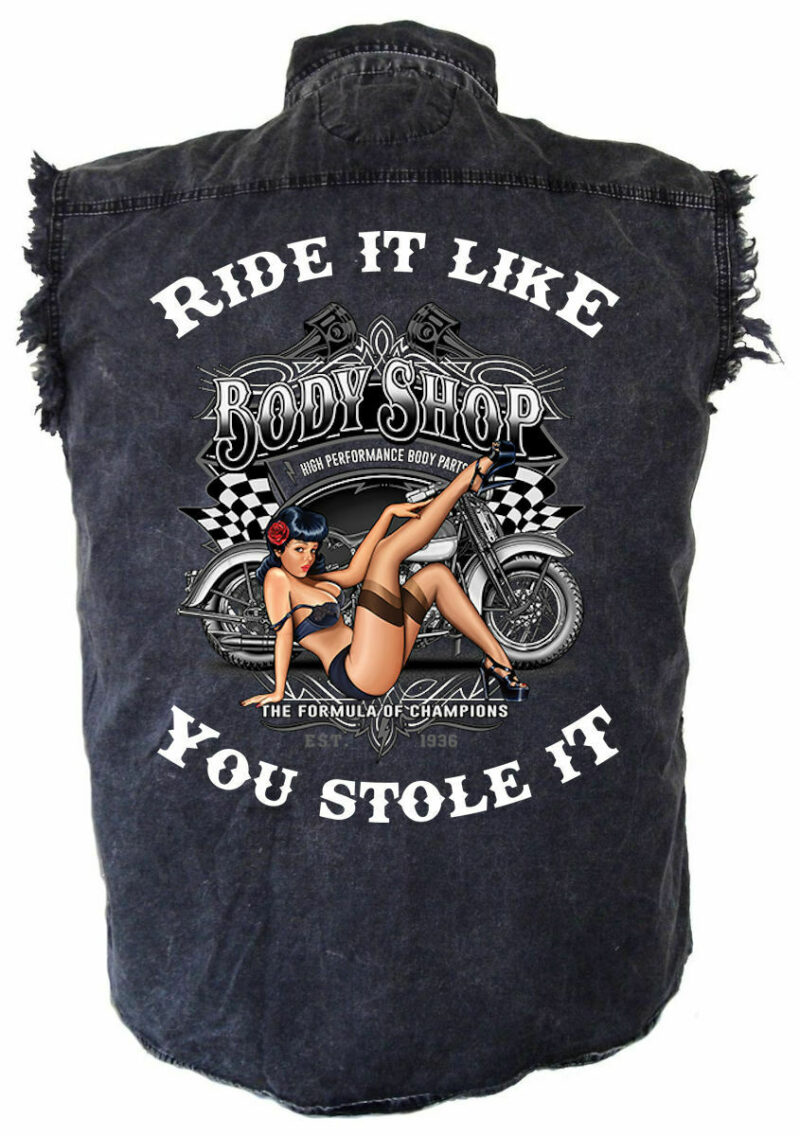 Men's Ride It White Body Shop Babe Acid Washed Denim Biker Shirt