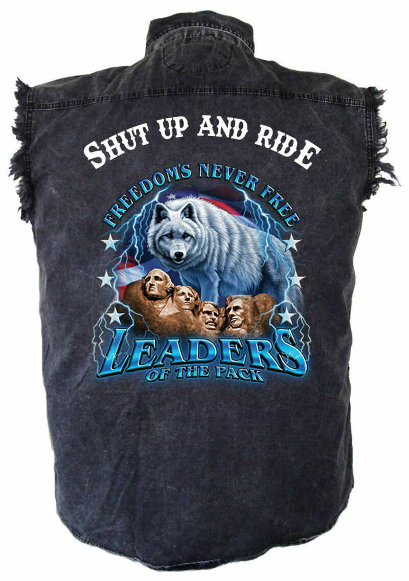Men's Shut Up And Ride Mount Rushmore Wolf Acid Washed Denim Biker Shirt