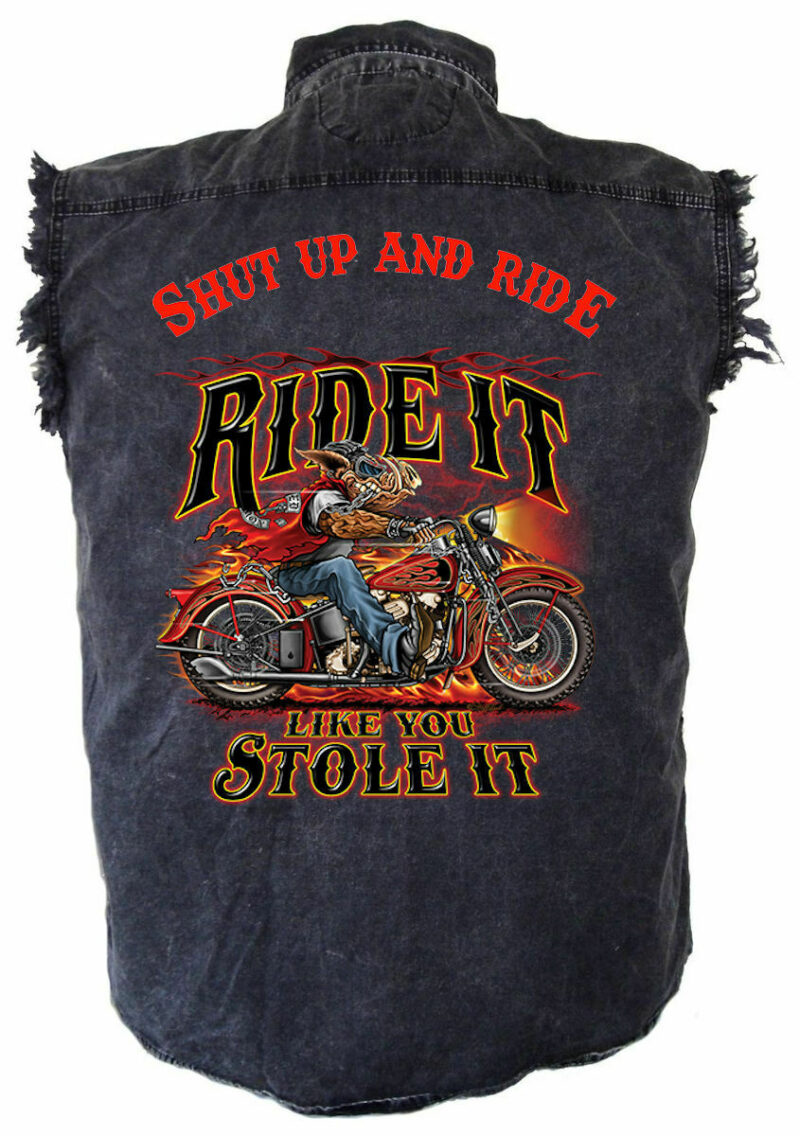 Men's Shut Up And Ride Hog Motorcycle Rider Acid Washed Denim Biker Shirt