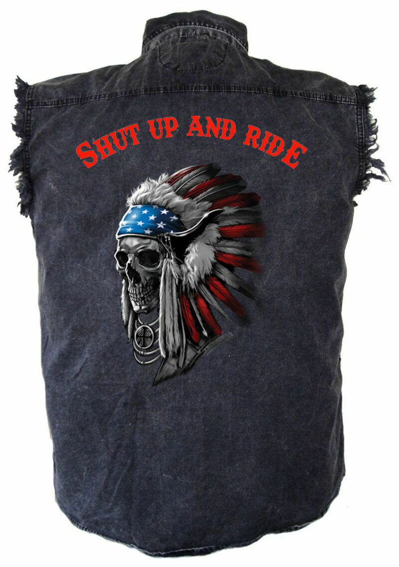 Men's Shut Up And Ride Indian Skull Headdress Acid Washed Denim Biker Shirt