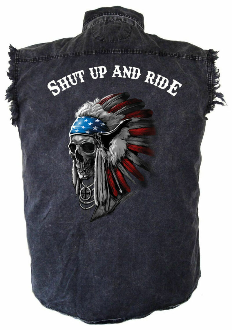 Men's Shut Up And Ride Patriotic Indian Skull Acid Washed Denim Biker Shirt