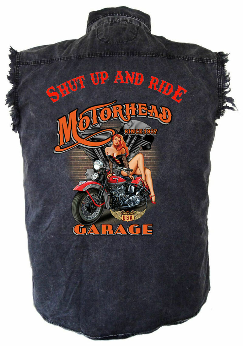 Men's Shut Up And Ride Motorhead Garage Babe Acid Washed Denim Biker Shirt