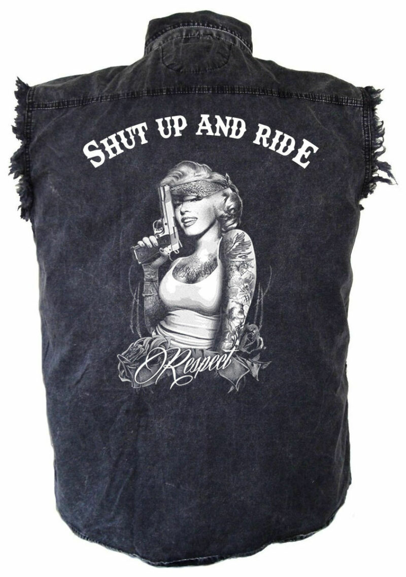 Men's Shut Up And Ride Marilyn Monroe Respect Acid Washed Denim Biker Shirt