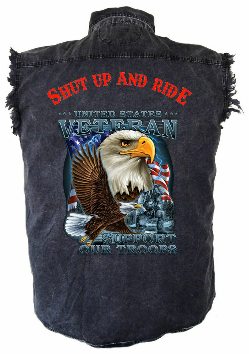 Men's Shut Up And Ride US Veteran Eagle Troops Acid Washed Denim Biker Shirt