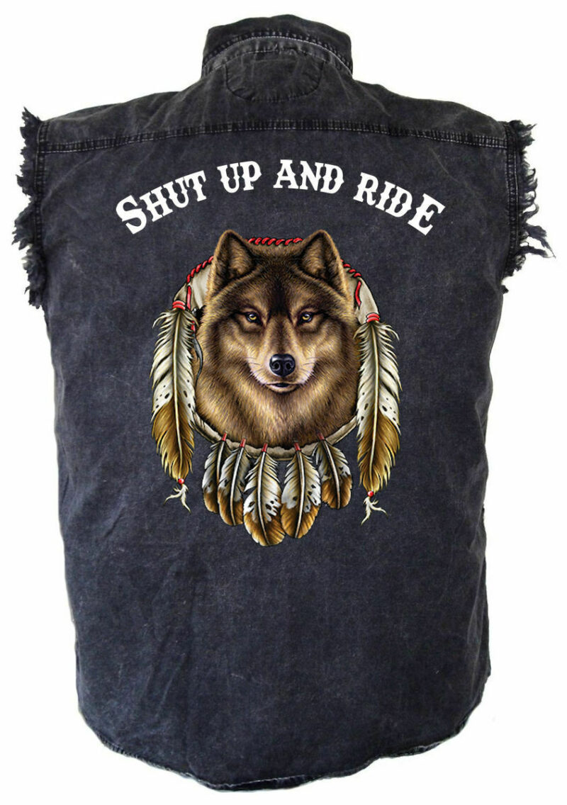 Men's Shut Up And Ride Dreamcatcher Wolf Acid Washed Denim Biker Shirt