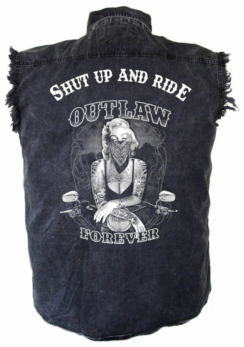 Men's Shut Up And Ride Marilyn Monroe Outlaw Girl Acid Washed Denim Biker Shirt