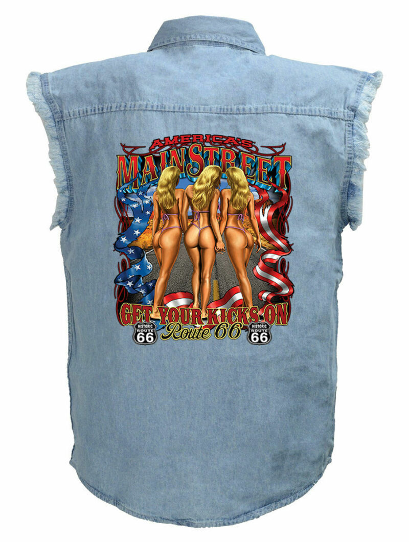 Mens Hot Babes Mainstreet Route 66 Blue Denim Sleeveless Cutoff Biker Shirt