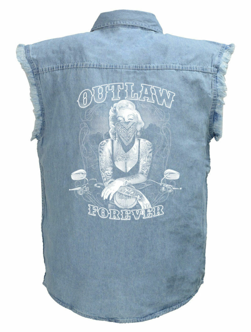 Mens Marilyn Monroe Outlaw Forever Blue Denim Sleeveless Cutoff Biker Shirt