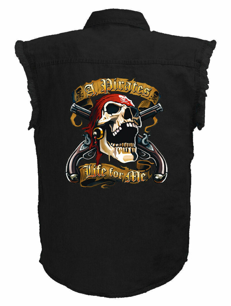 Mens Black Twill Denim Sleeveless Pirates Life Biker Shirt Design