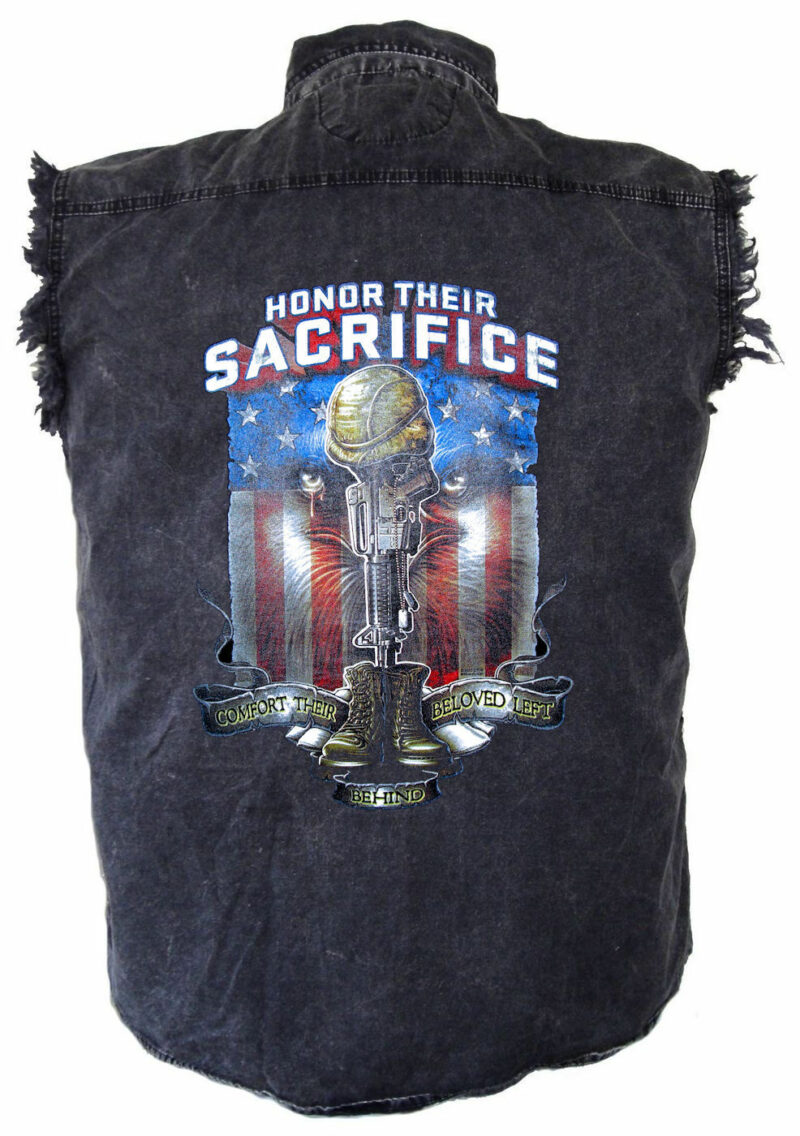 Mens Acid Washed Patriotic Fallen Soldier Denim Sleeveless Cutoff Biker Shirt