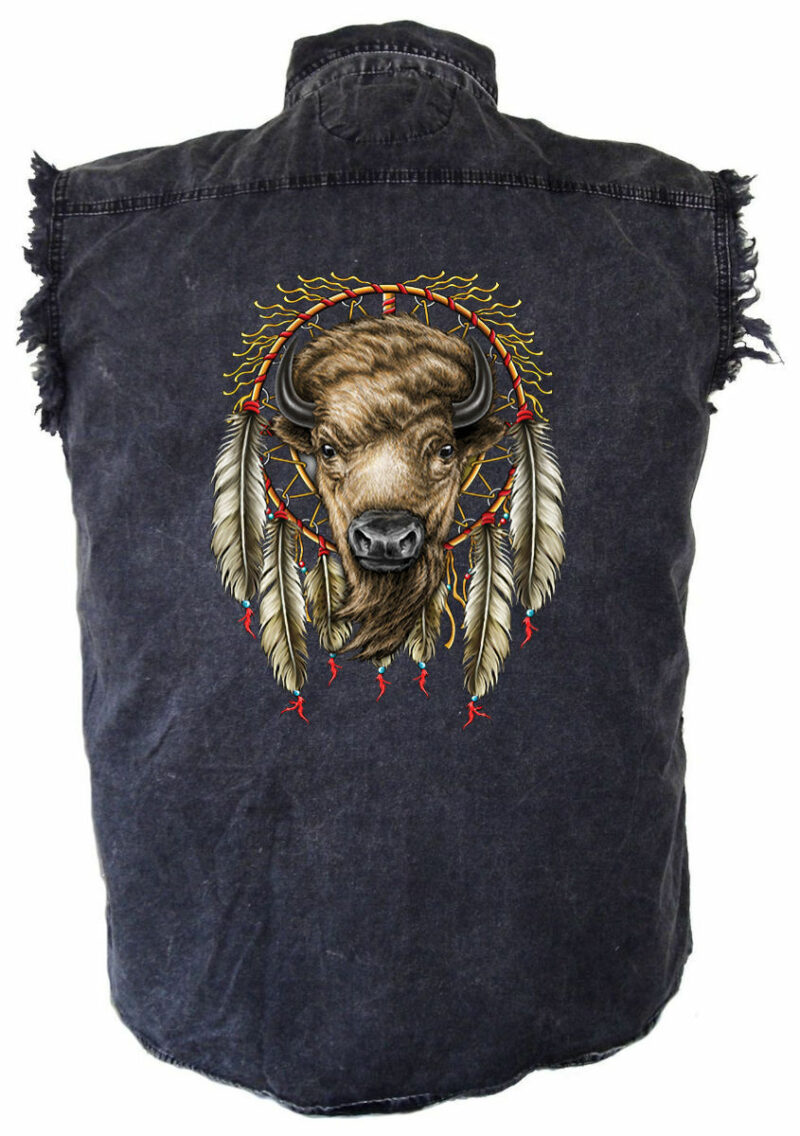 Mens Acid Washed Dreamcatcher Buffalo Motorcycle Denim Cutoff Biker Shirt