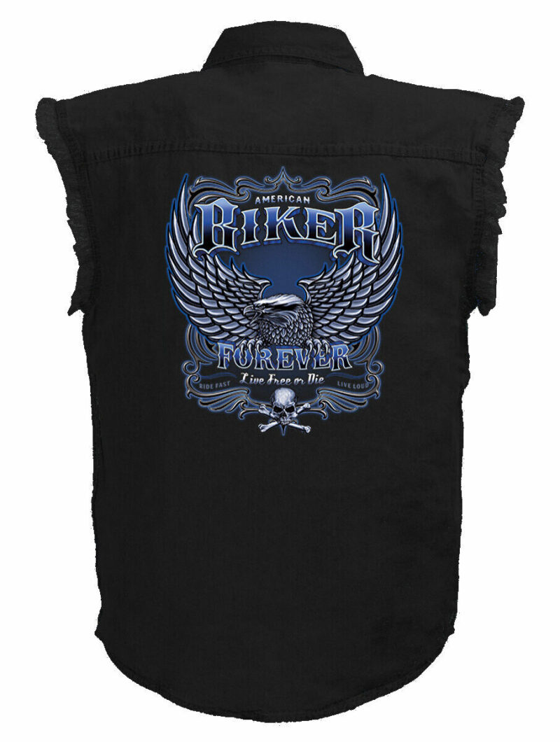 Mens Biker Forever Eagle Design On Black Twill Denim Biker Shirt