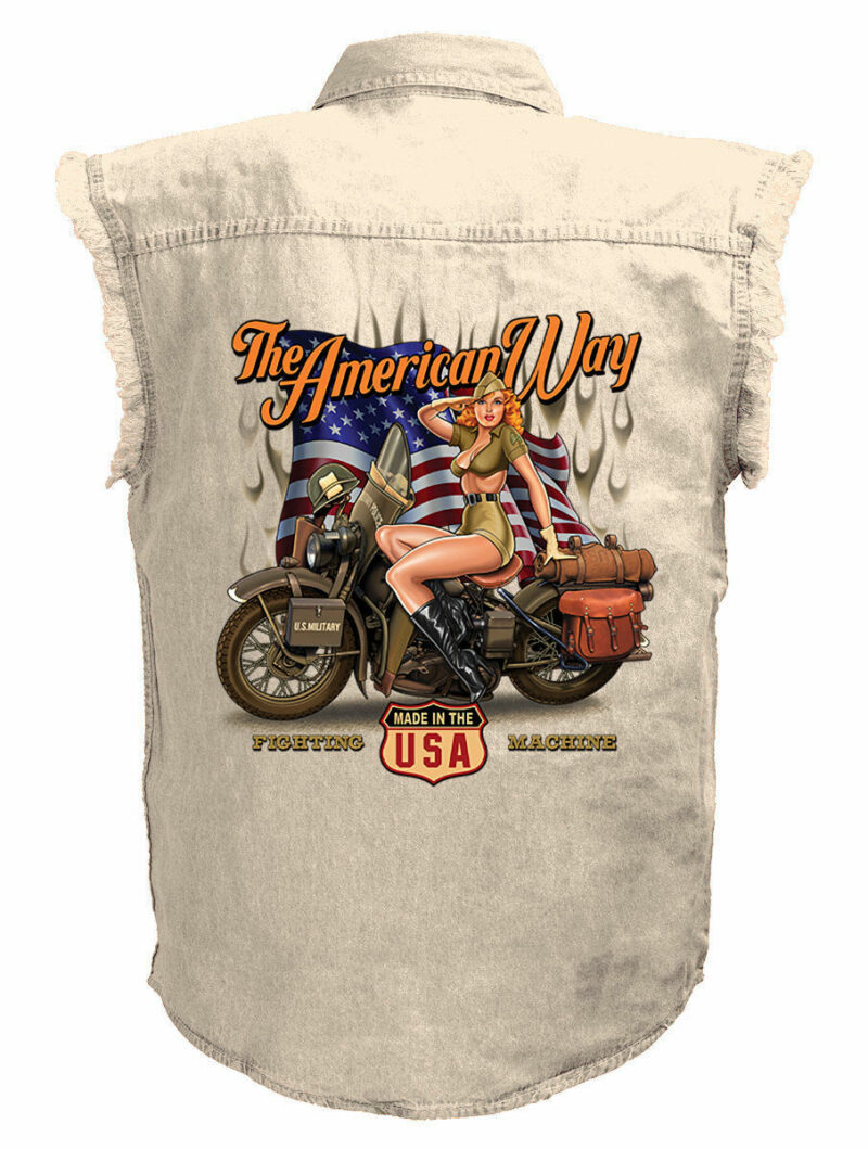 The American Way Pin Up Babe Motorcycle Shirt   Mens Ivory Denim Sleeveless