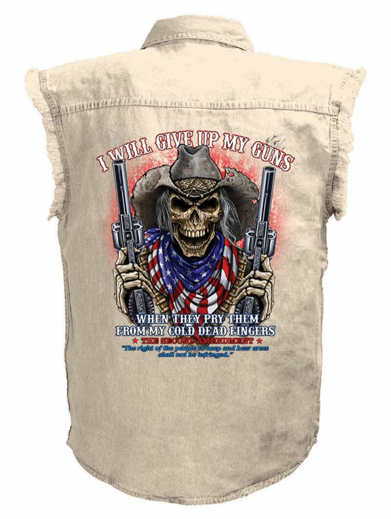 Give Up My Guns Skull Cowboy Motorcycle Shirt Mens Ivory Denim Sleeveless