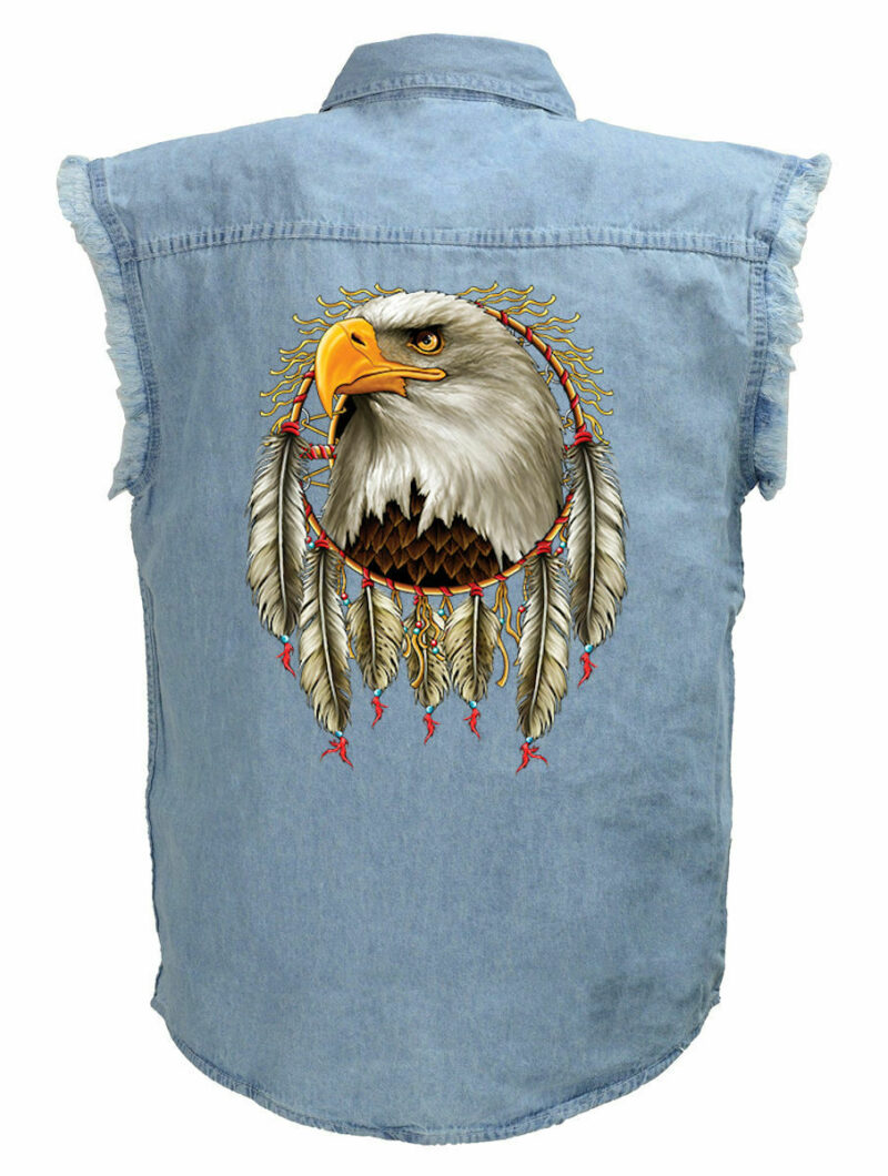 Mens Dreamcatcher Eagle Blue Denim Sleeveless Cutoff Biker Shirt