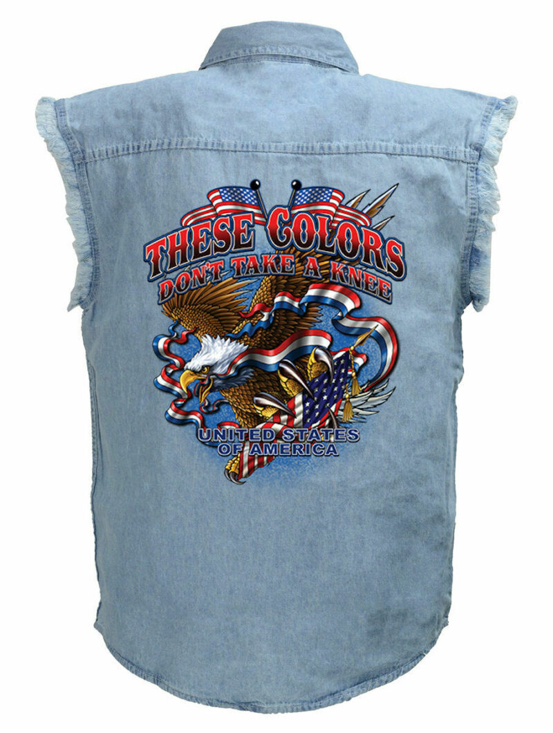 Mens These Colors Military Eagle Blue Denim Sleeveless Cutoff Biker Shirt