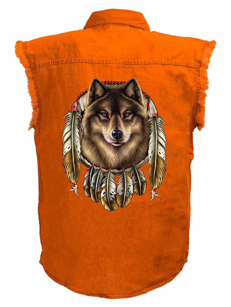 Native American Wolf Motorcycle Shirt Mens Orange Denim Sleeveless