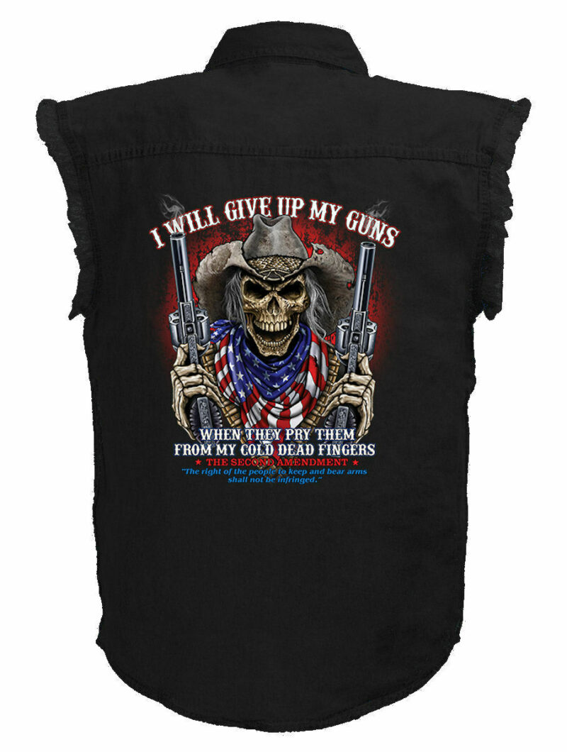 Mens Black Denim Sleeveless 2nd Amendment Give Up Guns Skull Biker Shirt