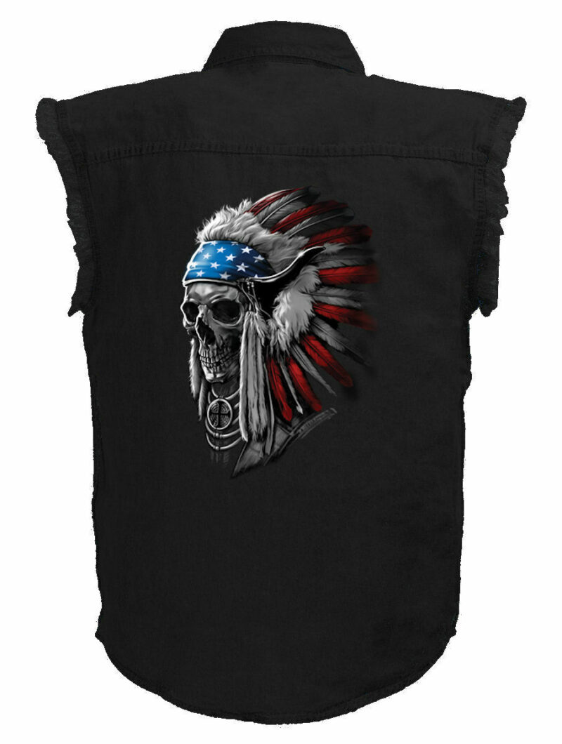 Mens Black Denim Sleeveless Patriotic Native American Indian Skull Shirt