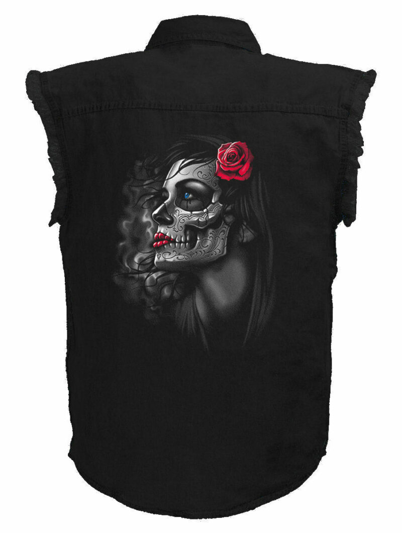 Mens Black Denim Sleeveless Gothic Girl Red Rose Shirt