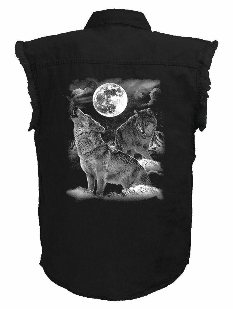 Mens Black Denim Sleeveless Howling Wolf Moon Shirt