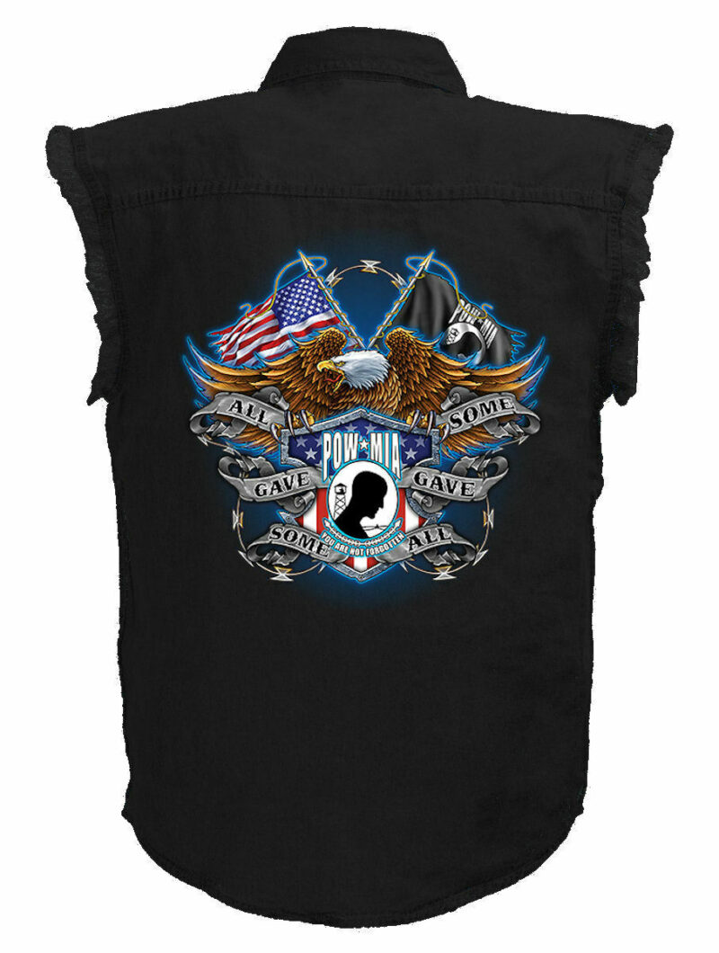 Mens Black Denim Sleeveless Patriotic All Gave Some POW-MIA Eagle Shirt