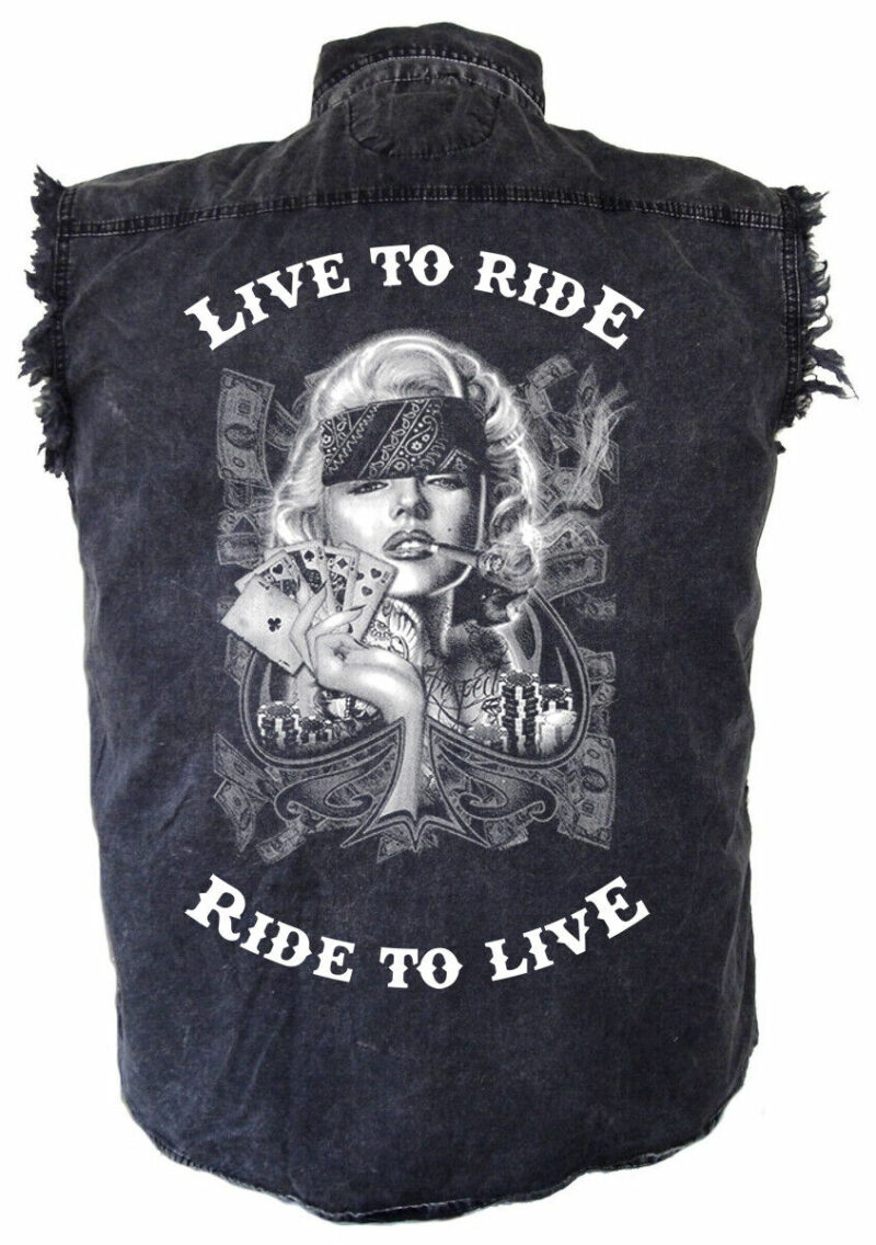 Mens Poker Playing Hot Marilyn Monroe Acid Washed Denim Cutoff Biker Shirt