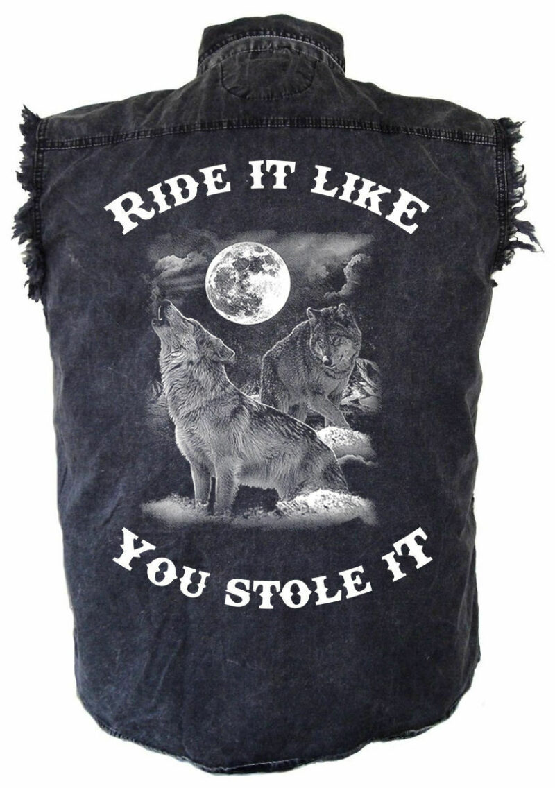 Men's Ride It White Howling Wolf At The Moon Acid Washed Denim Biker Shirt