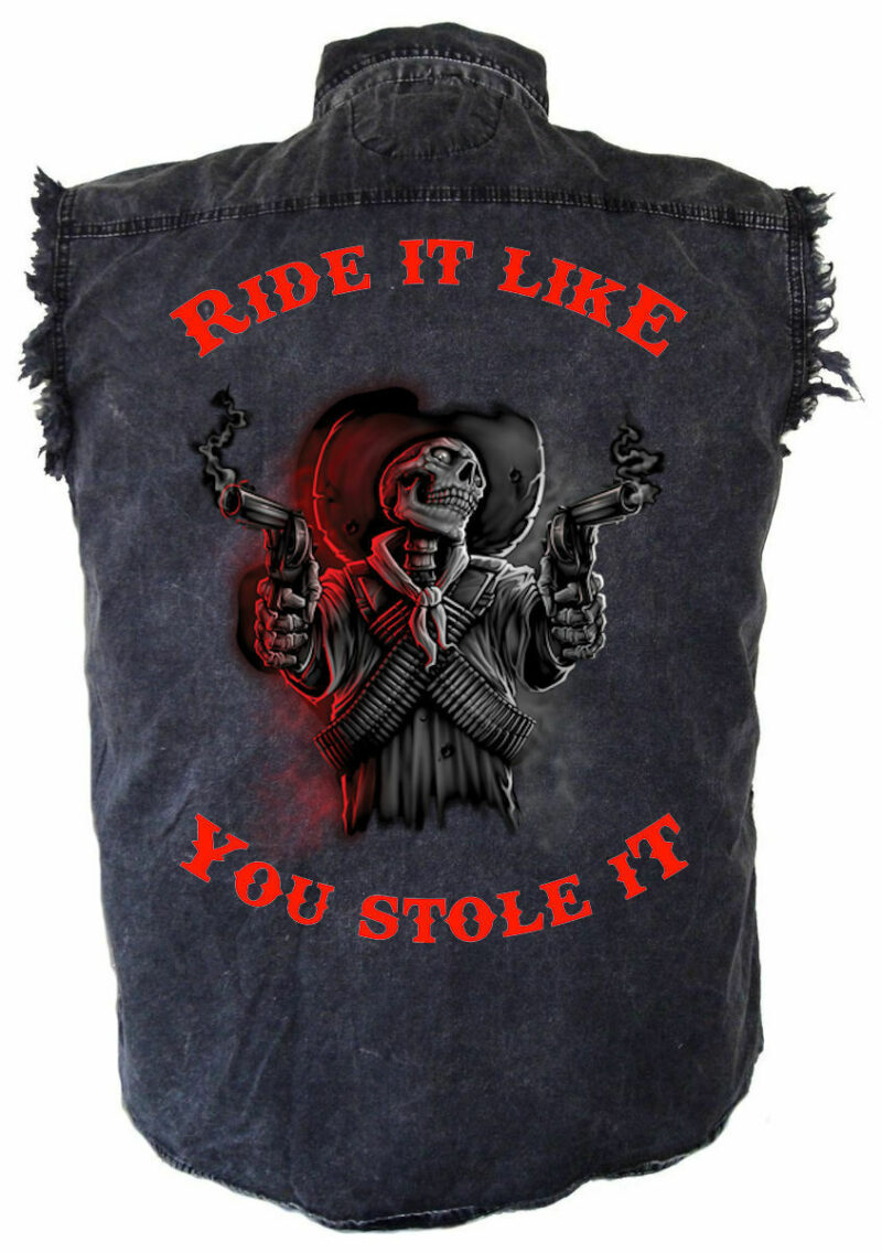 Mens Ride It Cool Gunslinger Skeleton Cowboy Acid Washed Denim Biker Shirt